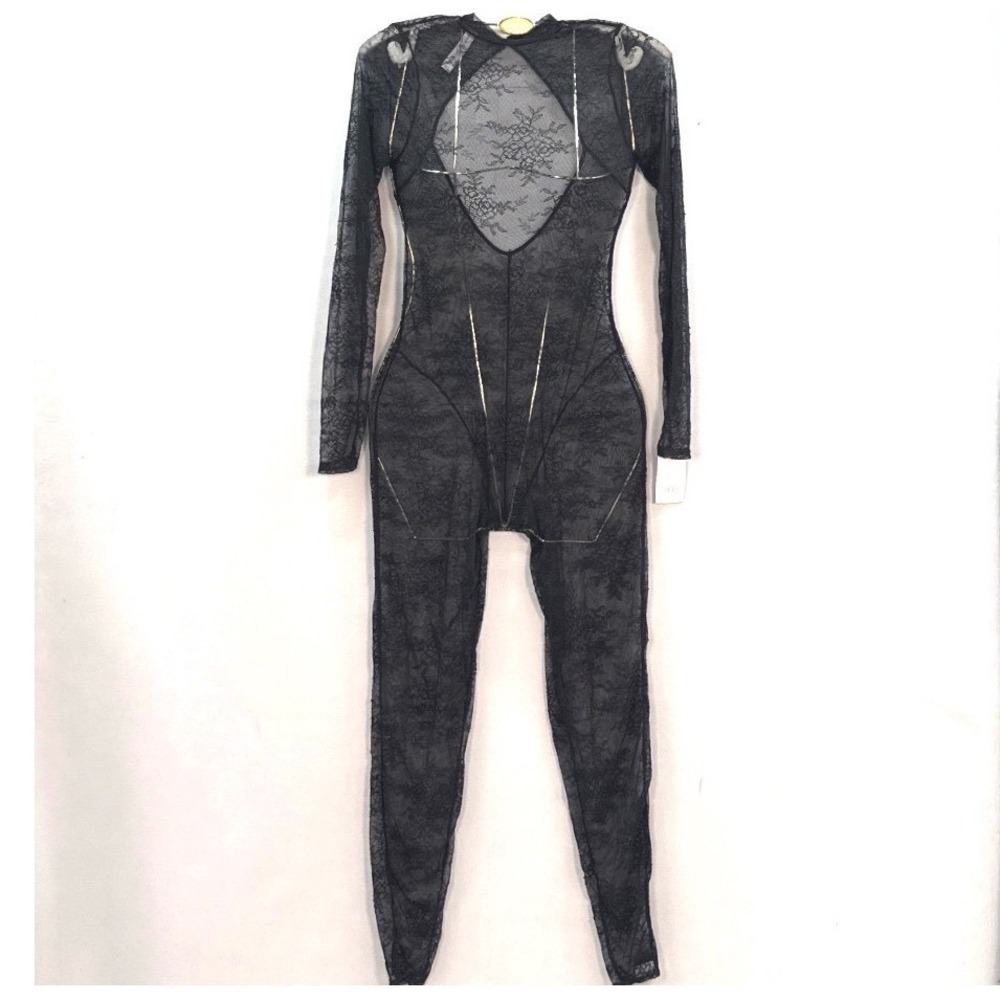 Auden Black Sheer Floral Lace Long Sleeve Mock Neck Open Back Bodysuit XS